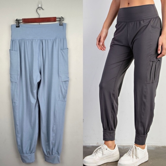 RAE MODE Chambray Cargo Joggers Soft 28" Light Blue Women Sz L Lounge Athleisure - Picture 1 of 10